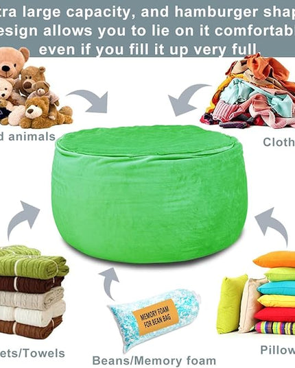 Bean Bag Chair Cover, Stuffed Animal Storage, Plush Toys Organizer Holder, Beanbag Chairs Cover for Kids Teans and Adults Super Soft and Comfortable Fabric X-Large with Handle and Zipper -Round Green - LeafyLoom
