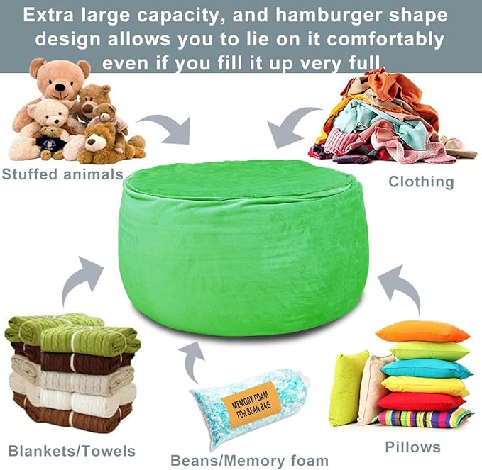 Bean Bag Chair Cover, Stuffed Animal Storage, Plush Toys Organizer Holder, Beanbag Chairs Cover for Kids Teans and Adults Super Soft and Comfortable Fabric X-Large with Handle and Zipper -Round Green - LeafyLoom