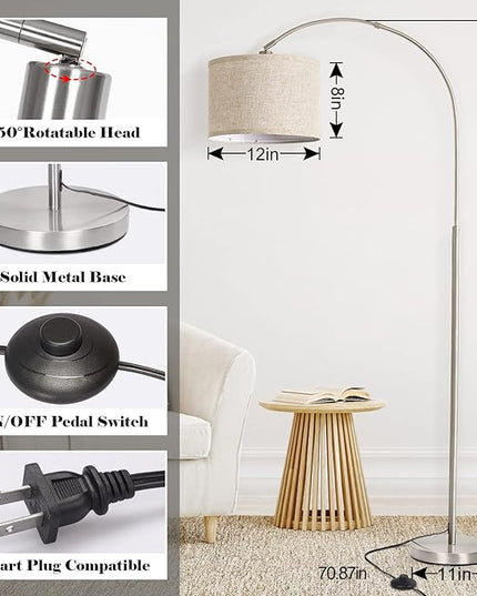 Arc Floor Lamp, Modern Floor Lamp for Living Room with Adjustable Head, Tall Pole Lamp with On/Off Pedal Switch, Over Couch Arched Tall Standing Light for Reading, Bedroom, Office (Silver) - LeafyLoom