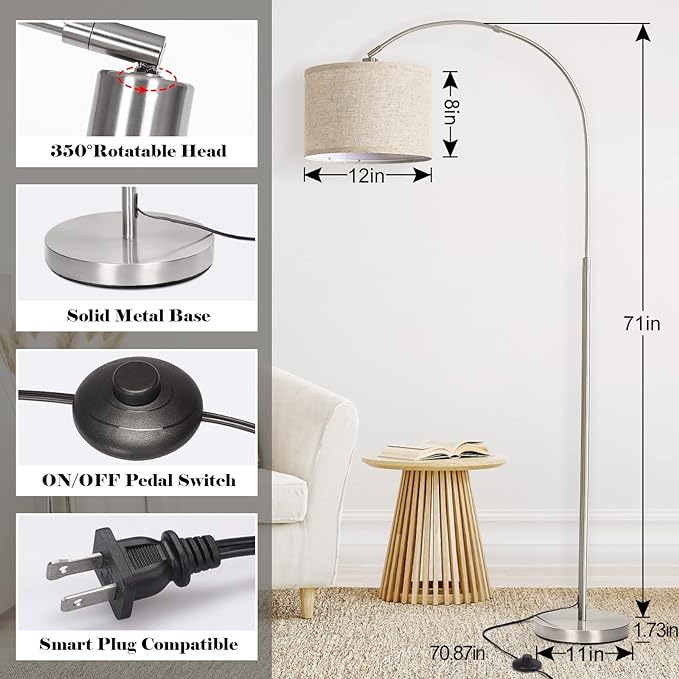 Arc Floor Lamp, Modern Floor Lamp for Living Room with Adjustable Head, Tall Pole Lamp with On/Off Pedal Switch, Over Couch Arched Tall Standing Light for Reading, Bedroom, Office (Silver) - LeafyLoom