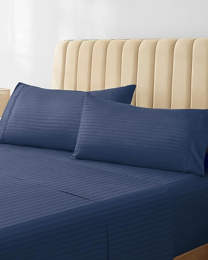 LuxClub Striped Sheets, 4 PC Striped Bed Sheets Twin Size, Deep Pockets 18" Eco Friendly Wrinkle Free-Kids-Fitted Sheets Machine Washable Hotel Bedding (Twin, Navy) - LeafyLoom
