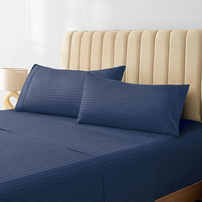 LuxClub Striped Sheets, 4 PC Striped Bed Sheets Twin Size, Deep Pockets 18" Eco Friendly Wrinkle Free-Kids-Fitted Sheets Machine Washable Hotel Bedding (Twin, Navy) - LeafyLoom