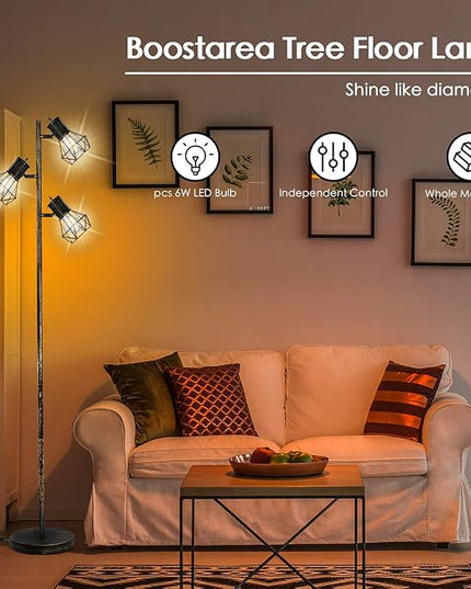 BoostArea Industrial Floor Lamp, Tree-Bronze Gold, 3 Diamond-Shaped Lamp Cages, 3pcs 6W LED Bulbs Included, Eco-Friendly, Reliable Quality, Easy Assembly, Match with Multiple Home Styles - LeafyLoom