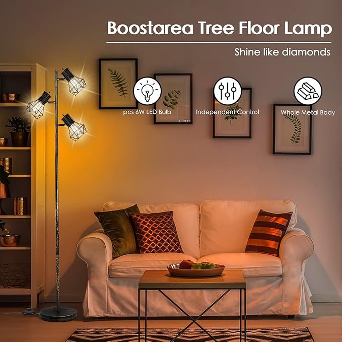 BoostArea Industrial Floor Lamp, Tree-Bronze Gold, 3 Diamond-Shaped Lamp Cages, 3pcs 6W LED Bulbs Included, Eco-Friendly, Reliable Quality, Easy Assembly, Match with Multiple Home Styles - LeafyLoom