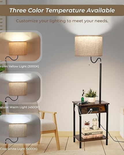FIMEI Floor Lamp with Table, End Table with Charging Station USB Ports & Outlets, Bedside Table 3 Color Temperature Reading Light, Nightstand with Shelves for Living Room, Bedroom, Apartment - LeafyLoom