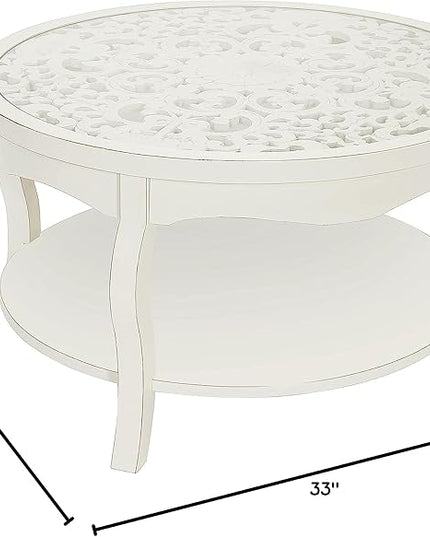 FINECASA Round White Coffee Table, 33.7x19 inches, Glass Top, Vintage Boho Design, Wood, White Patterned - LeafyLoom