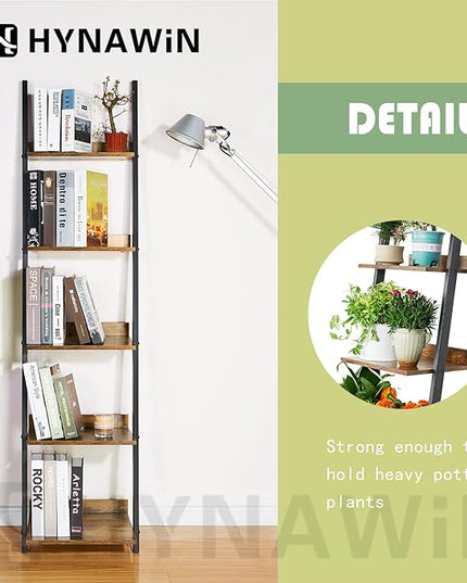 HYNAWIN 5 Tier Ladder Shelf-Wood & Metal Bookcase,Wall Mount Bookshelf Standing Unit,Multipurpose Plant Stand for Livingroom,Kitchen,Space Saving Display Rack,Industrial Accent Furniture - LeafyLoom