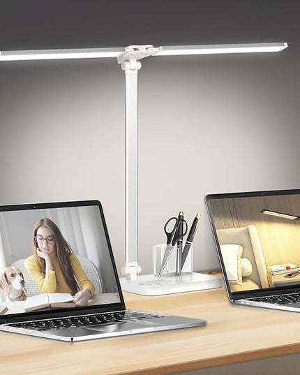 LED Desk Lamp Dimmable Table Lamp with USB Charging Port, 50 Lighting Modes, Adjustable Foldable Dual Swing Arm Architect Desk Lamp for Home Office, Eye-Caring Reading Lamp w/ Pen Holder 45min Timer - LeafyLoom