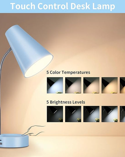 RUNTOP Metal Desk Lamp, Eye-Caring Table Lamp, Study Lamps with Flexible Goose Neck for Bedroom and Office, Desk lamp with USB, 5 Color Temperatures, 5 Brightness Levels (Blue) - LeafyLoom