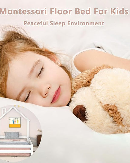 Bellemave Twin Size House-Shaped Headboard Floor Bed with Fences, Wooden Montessori Bed for Kids,House Bed Twin Frame for Girls,Boys (White) - LeafyLoom