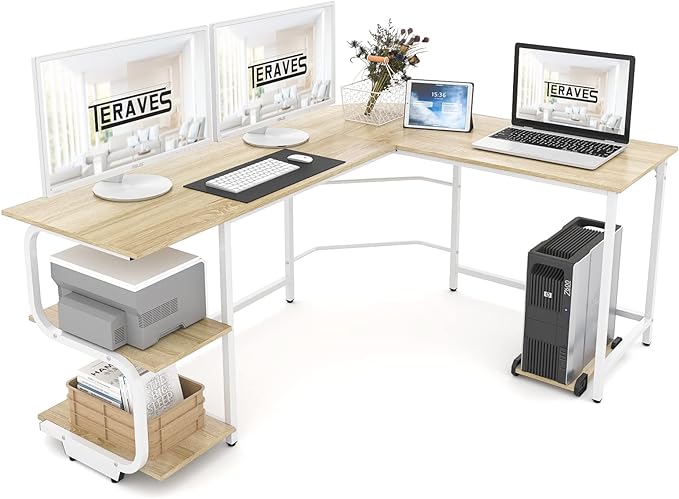 Teraves Reversible L Shaped Desk with Shelves 69“ Corner Computer Desk Gaming Desk Workstation for Home Office - LeafyLoom