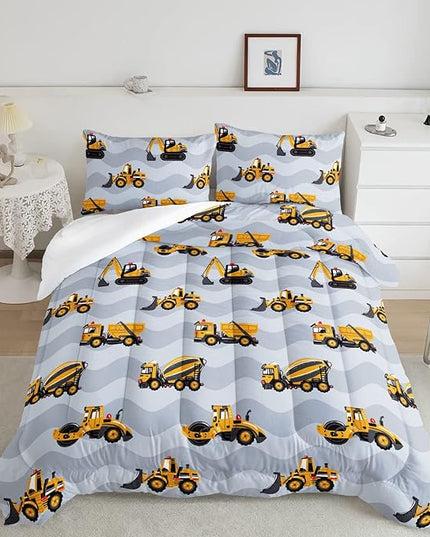Datura home Construction Truck Comforter Set for Boys Kids Children,Grey Machinery Truck Excavators Vehicles Cartoon Tractor Bedding Set with 1 Comforter and 2 Pillowcases(Truck Grey Full) 80x90in - LeafyLoom