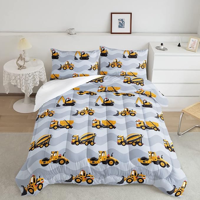 Datura home Construction Truck Comforter Set for Boys Kids Children,Grey Machinery Truck Excavators Vehicles Cartoon Tractor Bedding Set with 1 Comforter and 2 Pillowcases(Truck Grey Full) 80x90in - LeafyLoom