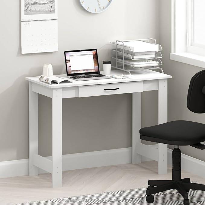 Furinno Jaya Writing Desk with Drawer, White - LeafyLoom