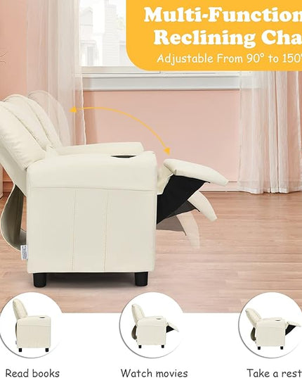 ARLIME Kids Recliner chair, toddler Armchair Upholstered Couch with Cup Holder, Backrest, baby Leather sofa with Headrest and Footrest, Child Furniture for Ages 2-7 (Beige) - LeafyLoom