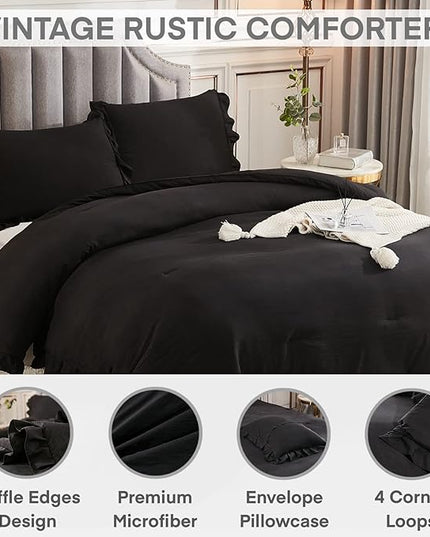 Andency Black King Size Comforter Set, 3 Pieces Farmhouse Shabby Chic Bedding Comforters & Sets, Soft Fluffy Lightweight All Season Down Alternative Bed Blanket Set - LeafyLoom