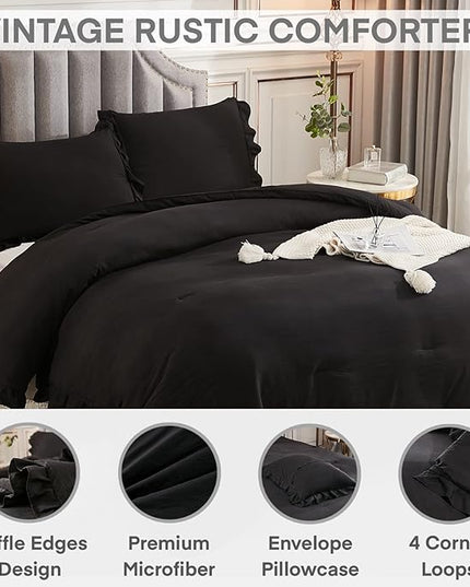 Andency Black Full Size Comforter Set, 3 Pieces Ruffle Farmhouse Shabby Chic Bedding Comforter & Sets, Soft Lightweight Fluffy All Season Down Alternative Bed Set for Boys Kids Men Women - LeafyLoom