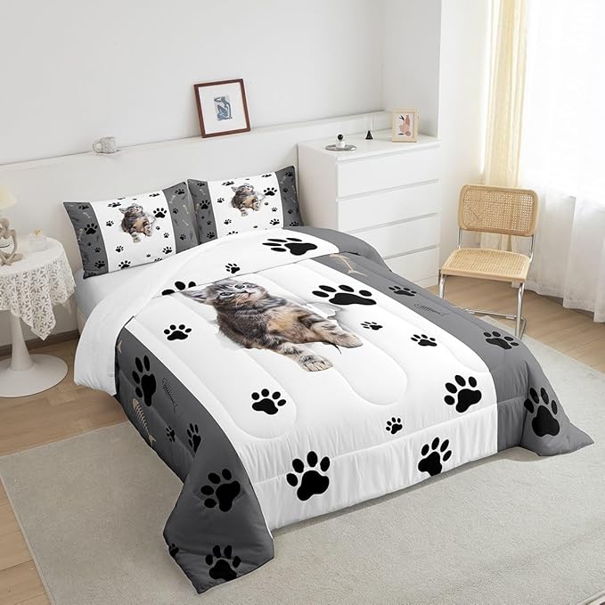 Kids Cat Comforter Set King,3D Cute Kawaii Cat Bedding Set Lovely Animal Kitten Paw Print Down Comforter for Girls Boys Cat Lovers' Bedroom,Fish Bone Decor Quilt Duvet Set Grey White 2 Pillow Cases - LeafyLoom