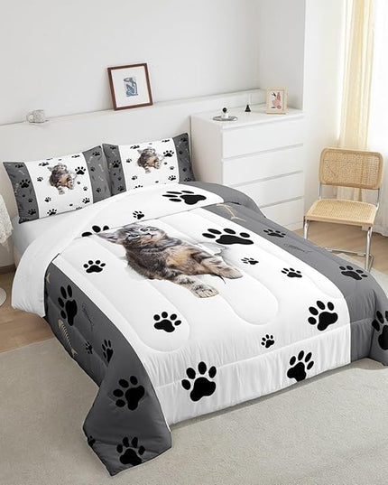 Kids Cat Comforter Set Twin,3D Cute Kawaii Cat Bedding Set Lovely Animal Kitten Paw Print Down Comforter For Girls Boys Cat Lovers' Bedroom,Fish Bone Decor Quilt Duvet Set Grey White 1 Pillow Case - LeafyLoom