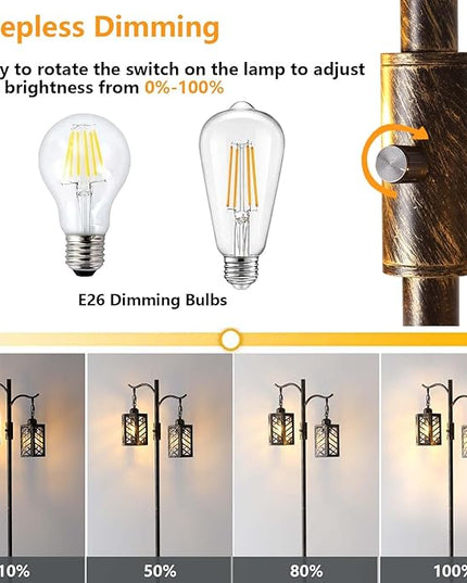 Industrial Floor Lamp,Vintage Dimmable Floor Lamp,2 Classical Lanterns Standing Lamp, Rustic Farmhouse Floor Lamp with Bronze Gold Finish, for Living Room Bedroom (Bronze) - LeafyLoom