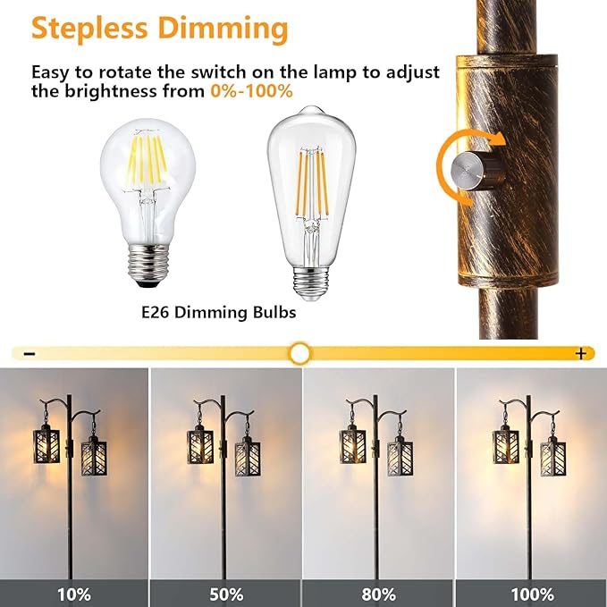 Industrial Floor Lamp,Vintage Dimmable Floor Lamp,2 Classical Lanterns Standing Lamp, Rustic Farmhouse Floor Lamp with Bronze Gold Finish, for Living Room Bedroom (Bronze) - LeafyLoom