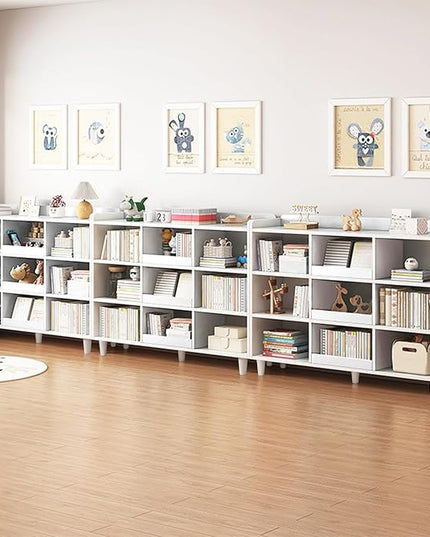 Wooden Cube Bookcase with Legs - 3-Tier Open Shelf Kidsroom Sorted Storage Cabinet Organizer for Books and Toys, 9-Cube Lattice Cute Cubby Bookshelf in Pearl White, 55" W - LeafyLoom