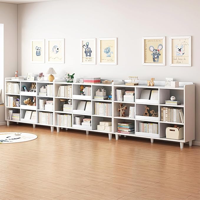 Wooden Cube Bookcase with Legs - 3-Tier Open Shelf Kidsroom Sorted Storage Cabinet Organizer for Books and Toys, 9-Cube Lattice Cute Cubby Bookshelf in Pearl White, 55" W - LeafyLoom