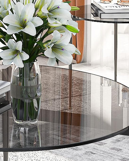 Round Tempered Glass Table: 31.5 inch Large Circle Top Storage Shelf with Metal Frame, Modern Coffee Table Center Desk Luxury Furniture for Living Room, Grey - LeafyLoom