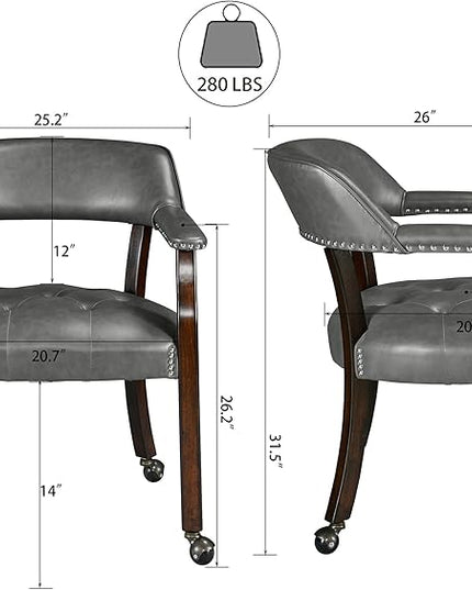 Dining Chairs with Casters and Arms, Rolling Dining Chairs with Wheels, Game Poker Table Chairs, Solid Wood Boss Caption's Chairs Office Desk Chairs, Espresso Legs & Dark Grey, XXY-1910-DG - LeafyLoom