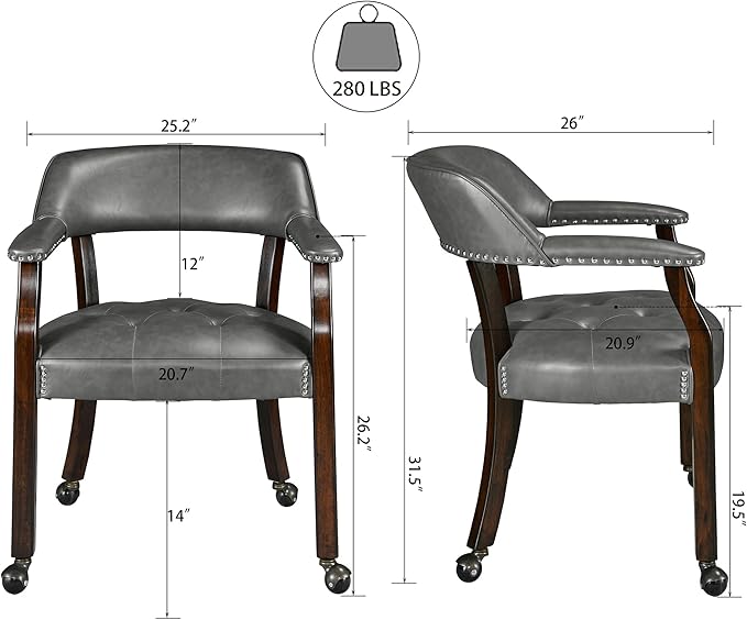Dining Chairs with Casters and Arms, Rolling Dining Chairs with Wheels, Game Poker Table Chairs, Solid Wood Boss Caption's Chairs Office Desk Chairs, Espresso Legs & Dark Grey, XXY-1910-DG - LeafyLoom