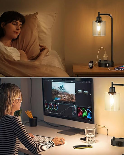 Industrial Nightstand Lamps for Bedrooms Set of 2 - Fully Dimmable Bedside Lamps with USB A C Ports and Outlet, Black Table Lamps with Clear Glass Shade for Living Room, Desk Lamps for Office Reading - LeafyLoom