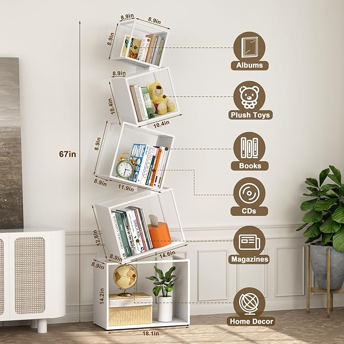 Bookshelf, Unique 5-Tier 67” Tall Bookshelves, Modern Geometric Bookcases Cool Metal Book Shelf, Corner Bookshelf for Bedroom, Living Room, Home Office (White) - LeafyLoom