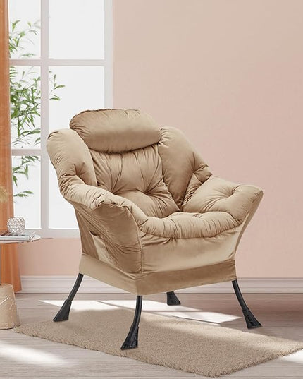 Lazy Chair Thick Padded, Accent Chair Velvet Upholstered with Wide Seat, Stable Metal Frame and Non-Slip Pad, Modern Sofa Armchair with Side Storage Bag for Dorm, Room, Office, Khaki - LeafyLoom
