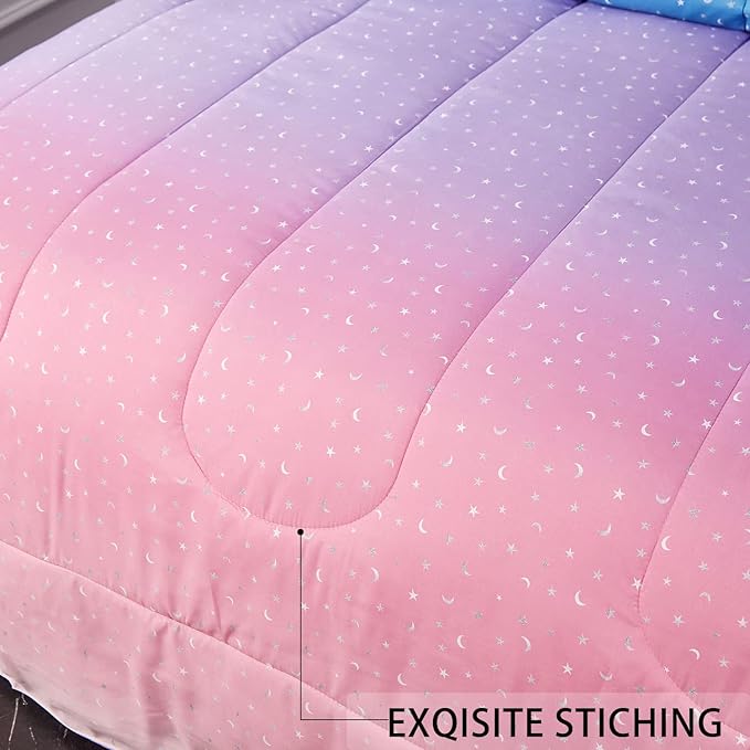 Pink Glitter Comforter Set for Teen Girls Women,Twin Size 4 Piece Bed in A Bag,Metallic Star Moon Printed Rainbow Comforter and Sheets,Ultra Soft Microfiber All Season Bedding Set(Twin,Green) - LeafyLoom