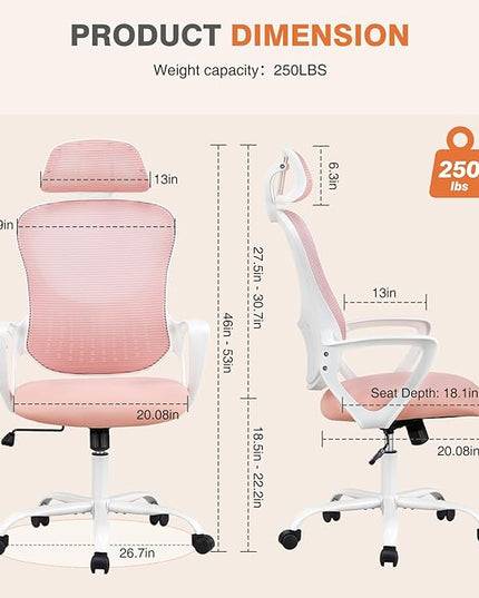 Sweetcrispy Office Computer Desk Chair, Ergonomic High-Back Mesh Rolling Work Chairs with Wheels and Adjustable Headrests, Comfortable Lumbar Support, Comfy Armrest for Home, Bedroom, Study, Pink - LeafyLoom