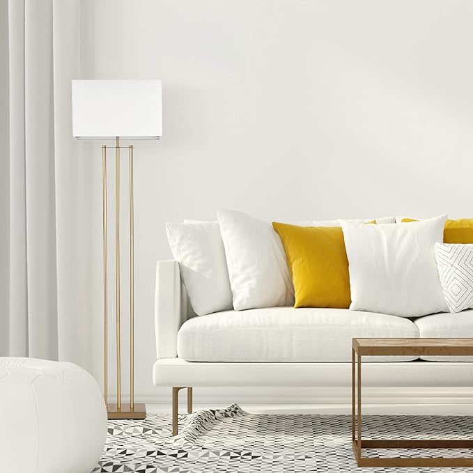 Globe Electric 67775 62" Floor Lamp, Matte Brass, White Linen Shade, Floor Lamp for Living Room, Floor Lamp for Bedroom, Home Improvement, Reading Lamp, Home Office Accessories, Home Décor - LeafyLoom