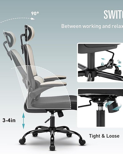 Office Chair, Ergonomic Office Chair Desk Chair with Headrest, High Back Mesh Computer Chairs for Home Office with Adjustable Back Support, 350lbs Comfortable Gray Office Chair, Tilt Lock - LeafyLoom