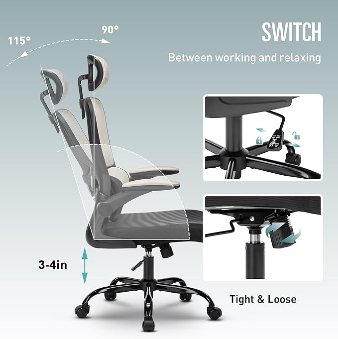 Office Chair, Ergonomic Office Chair Desk Chair with Headrest, High Back Mesh Computer Chairs for Home Office with Adjustable Back Support, 350lbs Comfortable Gray Office Chair, Tilt Lock - LeafyLoom