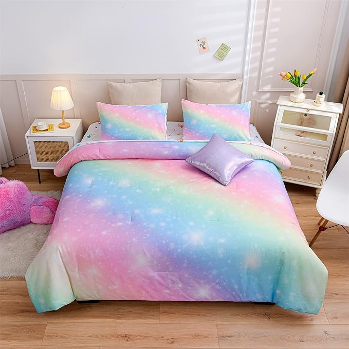 A Nice Night 6Pcs Gradient Glitter Bedding Set for Girls Full Size, Colorful Rainbow Galaxy Comforter Set, Ultra Soft Bedding Sets, Pink - LeafyLoom