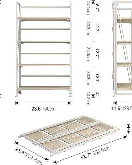 4NM No-Assembly Folding Bookshelf Storage Shelves 4 Tiers Vintage Bookcase Standing Racks Study Organizer Home Office (Natural and White) - LeafyLoom