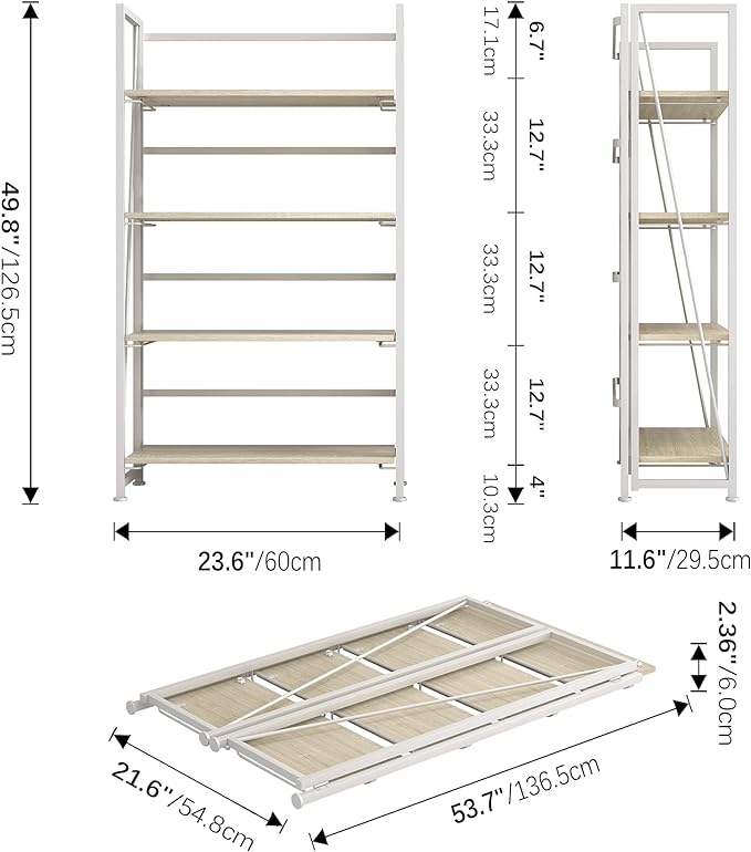 4NM No-Assembly Folding Bookshelf Storage Shelves 4 Tiers Vintage Bookcase Standing Racks Study Organizer Home Office (Natural and White) - LeafyLoom