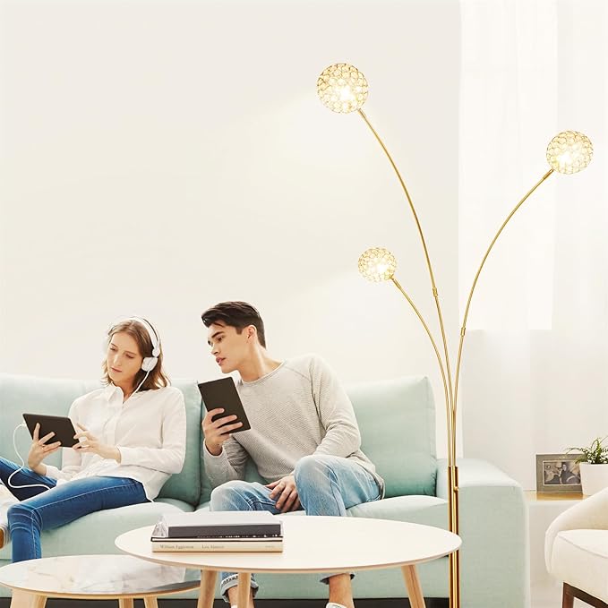 Depuley Floor Lamp, 3-Light Adjustable Metal Floor Lamps with Marble Base, Dimmable Tall Pole Tree Standing Lamp with Flexible Rotating Lights for Living Room, Bedroom(Gold, G9 Bulbs Included) - LeafyLoom