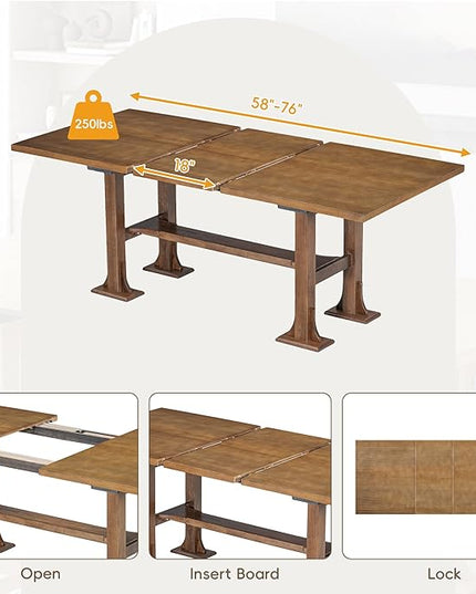 76Inch Dining Table Set for 6, Extendable Dining Table with 18inch Removable Leaf and Upholstered Dining Chair and Bench for Dining Room, Dark Brown - LeafyLoom
