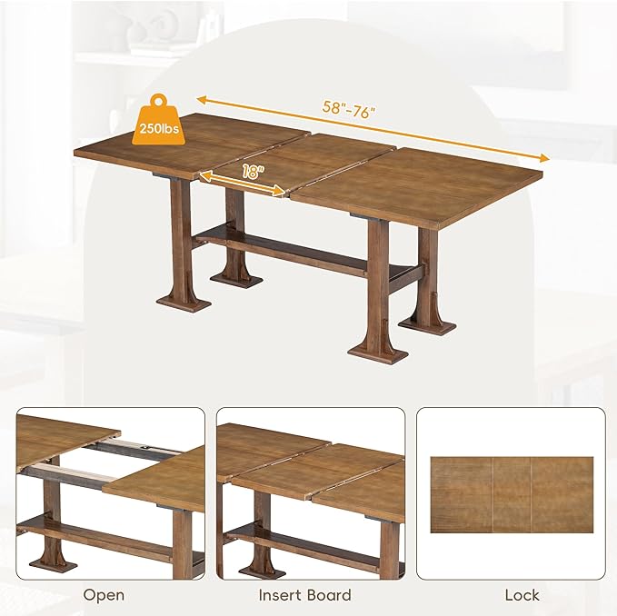 76Inch Dining Table Set for 6, Extendable Dining Table with 18inch Removable Leaf and Upholstered Dining Chair and Bench for Dining Room, Dark Brown - LeafyLoom