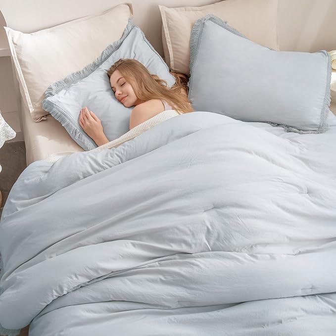 Andency Light Grey Comforter Set Queen, 3 Pieces Boho Tassel Lightweight Bedding Comforter Sets, All Season Soft Fluffy Fringe Bed Set (90x90In Comforter & 2 Pillowcases) - LeafyLoom