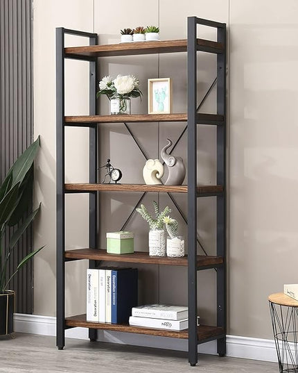 Solid Wood Bookshelf Rustic Vintage Industrial Etagere Bookcase, Metal and Wood Free Vintage Bookshelf, Retro Brown (Real Wood) (5-Tiers) - LeafyLoom