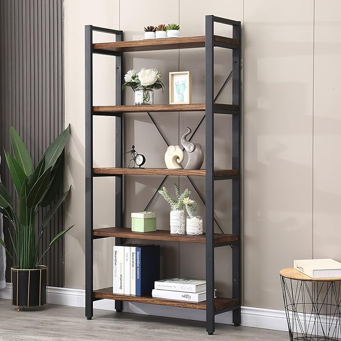 Solid Wood Bookshelf Rustic Vintage Industrial Etagere Bookcase, Metal and Wood Free Vintage Bookshelf, Retro Brown (Real Wood) (5-Tiers) - LeafyLoom