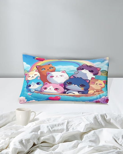 Cat Comforter Set - Cartoon Cat Bedding Sets Twin Comforter Set for Girls Kids Cute Kitty Design Animal Bedding Soft Breathable Cat Quilt for All Season, 1 Comforter 1 Pillowcase - LeafyLoom