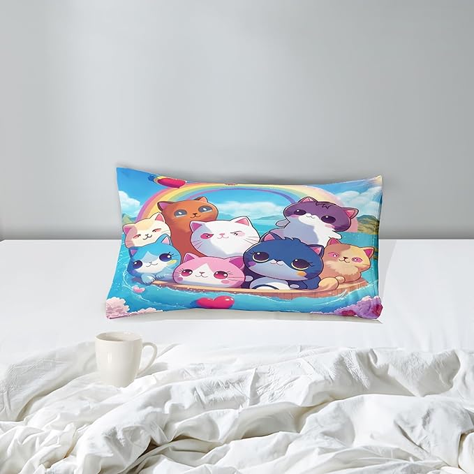 Cat Comforter Set - Cartoon Cat Bedding Sets Twin Comforter Set for Girls Kids Cute Kitty Design Animal Bedding Soft Breathable Cat Quilt for All Season, 1 Comforter 1 Pillowcase - LeafyLoom
