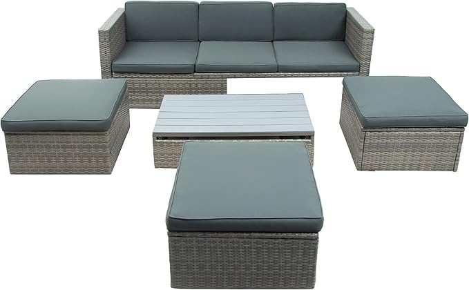 5-Piece Patio Furniture Sets Wicker Outdoor Sofa Couch with Adustable Backrest, Ottomans and Lift Top Coffee Table, Onesize, Gray - LeafyLoom